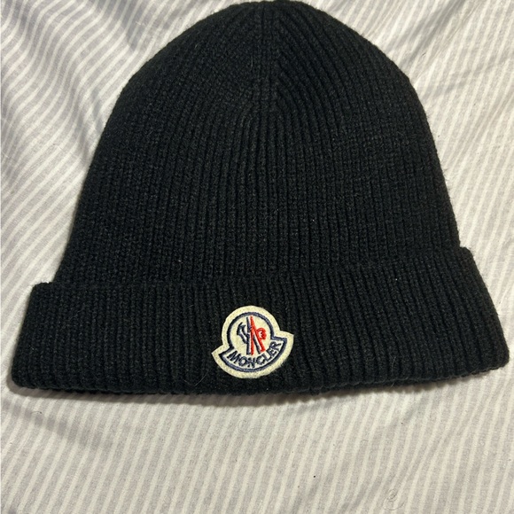 Moncler Black Ribbed Wool Beanie with Embroidered Logo